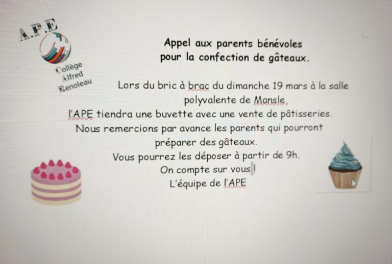 APE appel aux bénévoles pour la confection de gâteaux